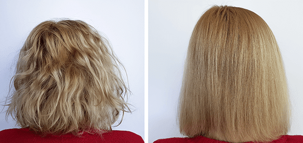 Femme blonde qui a réalisée un lissage brésilien (avant/après) - A Un Cheveu